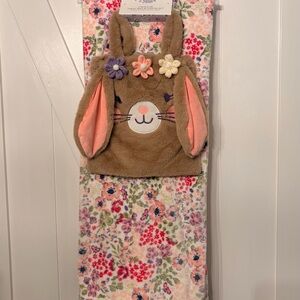 Shabby Chic Faux Fur‎ Bunny Treat Bag & Floral Throw Blanket Set Easter Brown